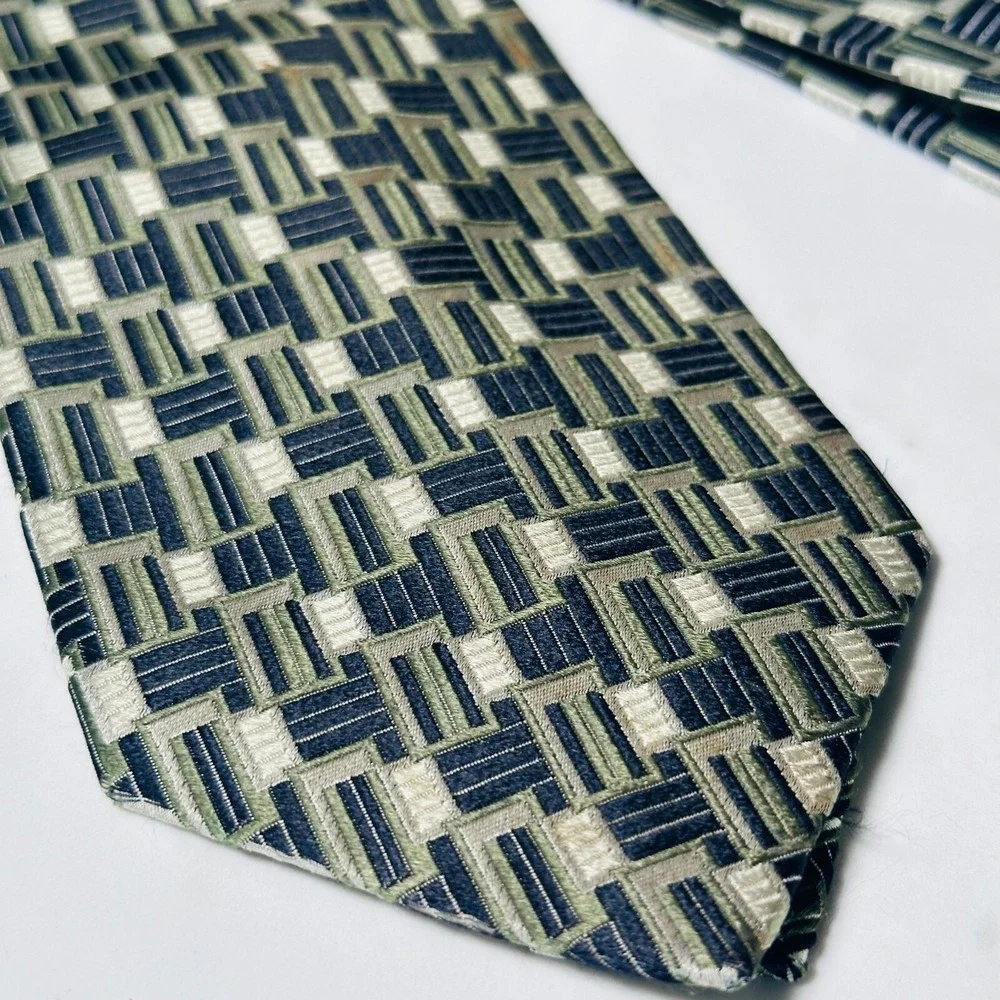 BURMA BIBAS Geometric 2-Tone Green Blue Check 100% Silk Necktie Tie